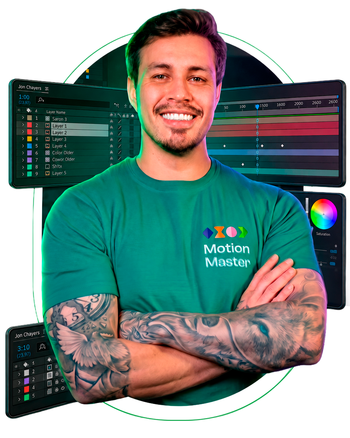 Tiago Castro, com painéis do After Effects ao fundo
