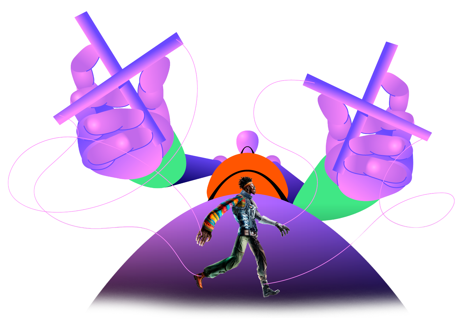 Personagem sendo controlado por mãos com fios de marionete, representando o conceito de rig